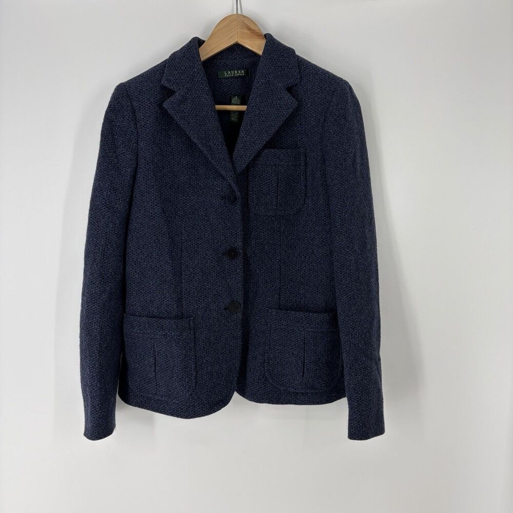 Lauren Ralph Lauren Blazer Size 6 Women Navy Tweed Wool Equestrian Jacket Preppy